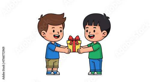 Two happy cartoon boys exchanging a gift box with a red ribbon, symbolizing friendship and sharing in a simple, cheerful illustration, perfect for children's content and greeting cards