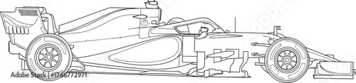 Formula One race car line art vector illustration, sleek aerodynamic design, F1 vehicle outline, motorsport concept for posters, coloring pages, or technical diagrams.