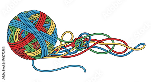 Colorful ball yarn with loose strands unraveling, representing creativity and crafting