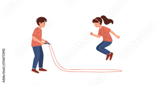 Active childhood fun A boy and a girl enjoying a jump rope game, promoting health, exercise, and outdoor activities for children, capturing the spirit of play and physical fitness