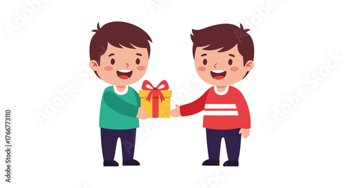 Two happy boys exchanging a gift with a red ribbon, symbolizing friendship and generosity, presented on a white background for graphic design purposes