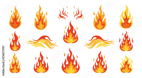 Collection of stylized, vibrant fire and flame icons with dynamic shapes and bright orange, yellow, and red hues, perfect for digital design elements