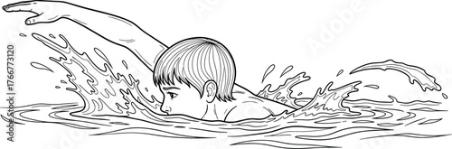 Line art vector illustration of a boy swimming with splashing water, ideal for sports education, summer activities, or children’s coloring pages and aquatic design content.