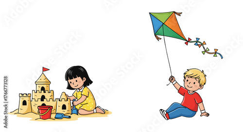 Adorable children enjoying outdoor activities a girl building a sandcastle and a boy flying a kite on a sunny day, symbolizing childhood fun and summer recreation