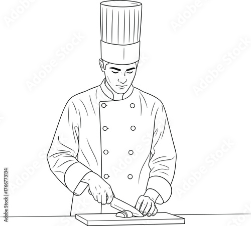 Line art vector illustration of a chef in toque slicing food on cutting board, ideal for culinary arts, restaurant branding, cooking tutorials, or kitchen design content.