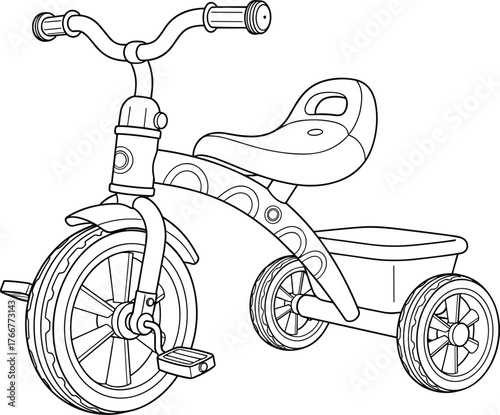 Line art vector illustration of a classic children’s tricycle with basket, ideal for parenting content, childhood memories, or educational coloring pages and toy design.