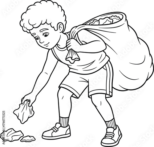 Young boy volunteering, picking up litter with trash bag, promoting environmental care, community cleanup, eco-friendly action, responsible child, outdoor activity, sustainability education
