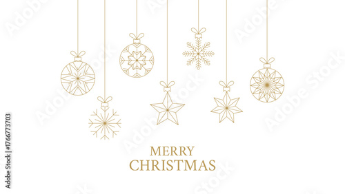 Luxury minimalist gold Christmas ornaments line art vector banner; Hanging decoration template for elegant Merry Christmas card.