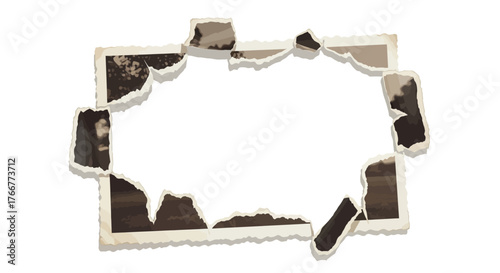 Torn and damaged vintage photograph frame with empty space in the middle
