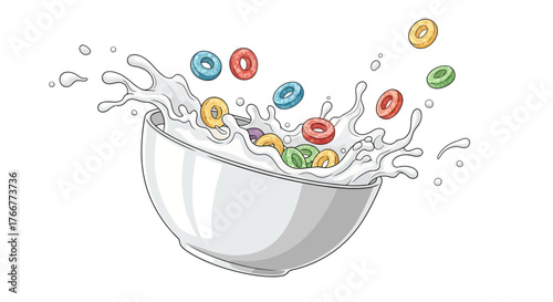 Colorful cereal rings splashing into bowl milk