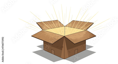 An open cardboard box with light rays emanating from inside