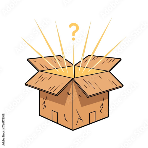 An open cardboard box with question mark and light rays emanating from inside