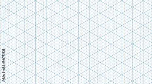 Blue isometric triangle grid paper. Vector background template for blueprints, architectural plans and technical graphics. Rulers, guides and precise marking