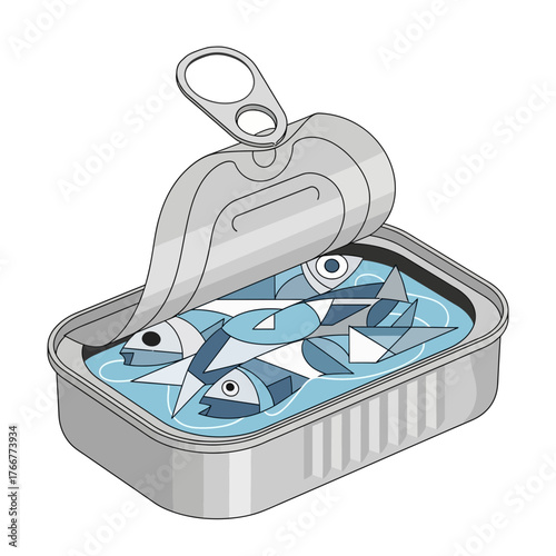 Opened tin can filled with stylized sardines swimming in oil
