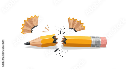 Broken yellow pencil with shavings and graphite dust scattered around it