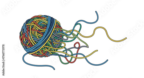 Colorful, tangled ball yarn with several loose strands unraveling in different directions, symbolizing complexity, creativity, or messy project