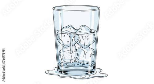 Clear glass filled with ice cubes and water, with condensation dripping down the sides and pooling on the surface below