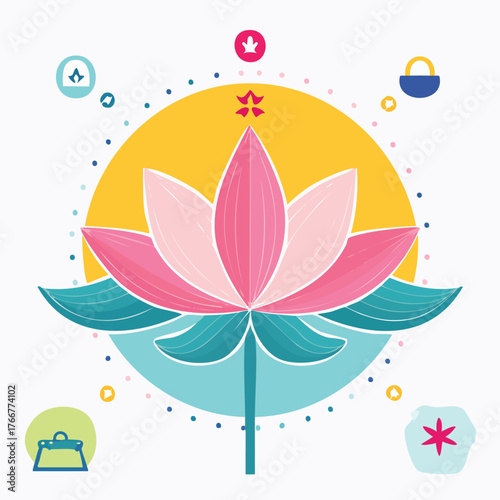 Illustration of a pink lotus flower with a yellow sun background, surrounded by symbolic elements.