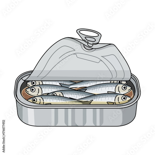 Open tin can filled with sardines