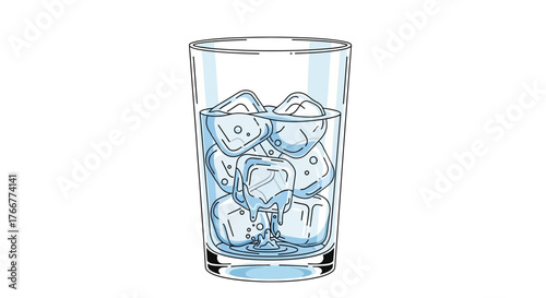 Clear glass filled with water and ice cubes, isolated on, symbolizing refreshment and coolness