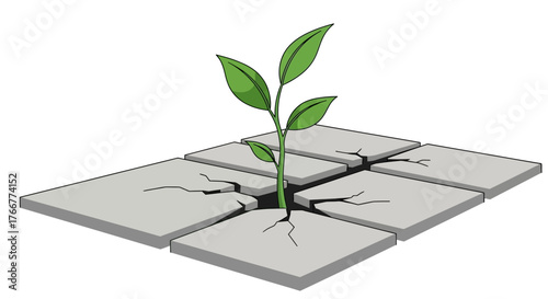 Small green plant with leaves growing through cracked concrete tiles, symbolizing resilience, growth, and natures ability to overcome obstacles