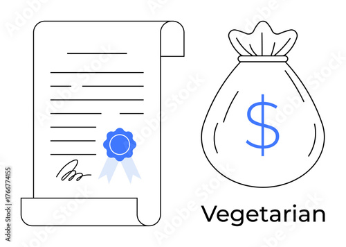 Document scroll with blue seal and signature beside a sack with a blue dollar sign. Ideal for finance, certification, contracts, economics, vegetarian branding, law, simple flat metaphor