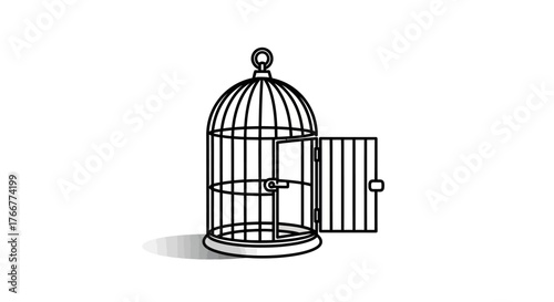An open birdcage with its door ajar, depicted as line drawing with subtle shadow, isolated on, symbolizing freedom or escape