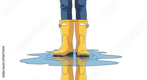 Yellow rubber boots standing in puddle