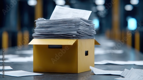 Box of papers container holds numerous sheets for organization storage and retrieval of information