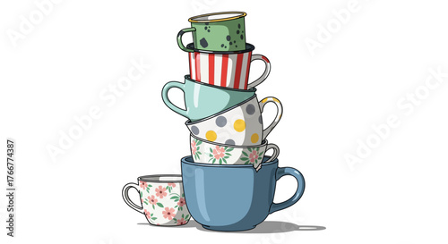 Whimsical stack colorful, patterned teacups and mugs, with small floral teacup in the foreground