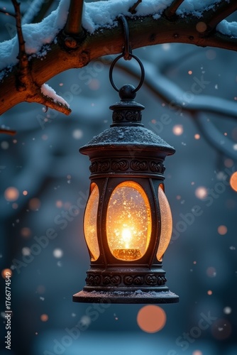 Vintage lantern glowing warmly on a snowy tree branch during twilight. Snowflakes fall gently in a blurred winter background. Magical Christmas and New Year.