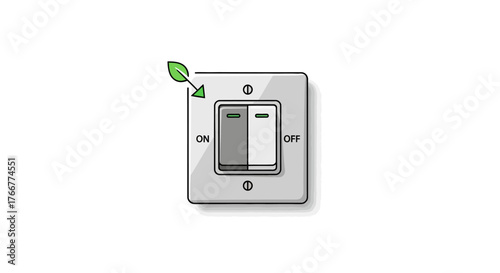 Modern light switch with two toggles, one set to on and the other to off, with small green leaf indicating an ecofriendly option