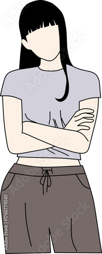 Minimalist girl illustration with long black hair, casual outfit, and arms crossed confidently.