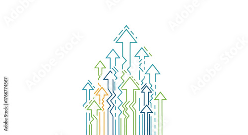 Colorful illustration of multiple arrows pointing upwards in various shades of blue, green, and orange on a white background with a modern graphic design.