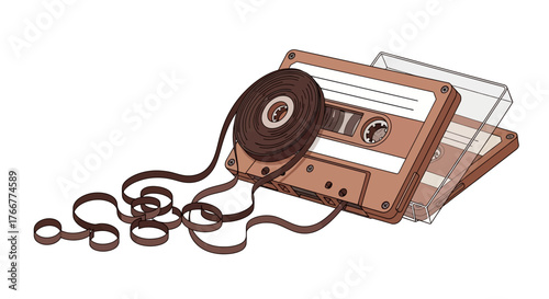 Vintage cassette tape with its magnetic tape unspooled, evoking nostalgia for analog music, 1980s, 1990s, and retro audio technology