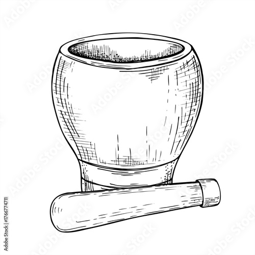 Empty wooden mortar and pestle lying nearby vector isolated illustration in linear style. Etching drawing of kitchenware for grinding spices, plants. Kitchen utensil for cook book, recipe design