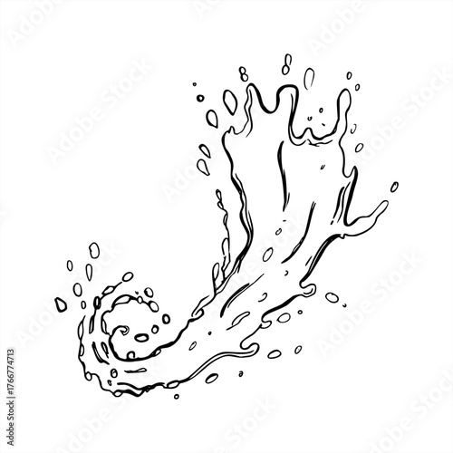 Vector monochrome abstract water and juice splash with flying drops line art black ink sketch. Splattering liquid texture with bubbles for beverage decor, skincare packaging, summer freshness design