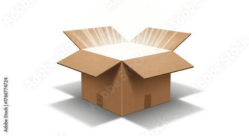 An open cardboard box with light radiating from within, suggesting surprise, gift, or magical discovery