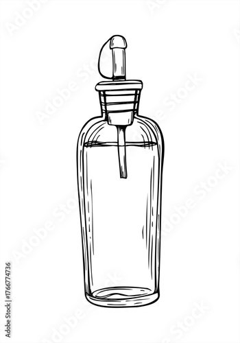 Glass bottle of oil, vinegar or sauce with dispenser monochrome vector illustration painted by black inks. Cooking oil hand drawn sketch for salad dressing decor, menu, recipe design