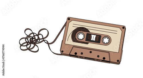 Vintage cassette tape with its magnetic tape unspooled and tangled, evoking nostalgia, retro music, and the analog era