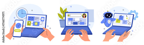 Workflow automation illustration set. Characters hands holding laptops showing smart dashboards, AI automated business processes on screen. Task management, onboarding, artificial intelligence tools.