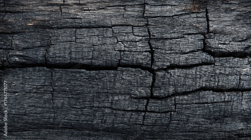 Fototapeta premium charred wood surface with visible cracked grain and subtle smoke pattern, deep black and gray texture background