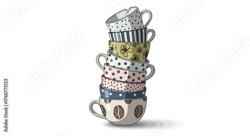 Stack colorful teacups with various patterns
