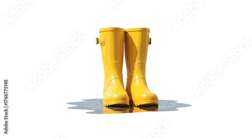 Pair bright yellow rubber boots standing upright, casting shadow on reflective surface