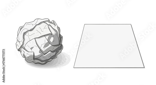 Crumpled ball paper next to blank sheet paper, isolated on, symbolizing ideas and creativity