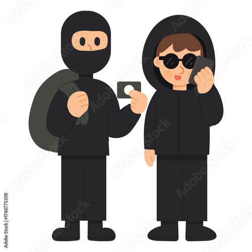 Flat cartoon vector illustration of a group of scammers. Cybercrime, online fraud, and hacker teamwork concept in modern flat design, perfect for digital security themes.
