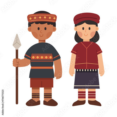 Flat cartoon vector illustration of tribal man and woman. Ethnic and cultural diversity concept in minimal flat design, perfect for culture and community themes.