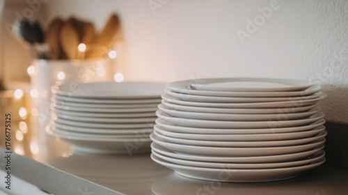 clean white plates neatly stacked on kitchen counter, reflecting soft lighting, minimalist home decor