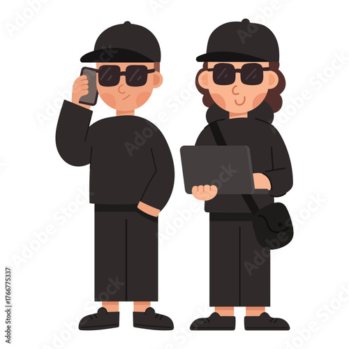 Flat cartoon vector illustration of a group of scammers. Cybercrime, online fraud, and hacker teamwork concept in modern flat design, perfect for digital security themes.