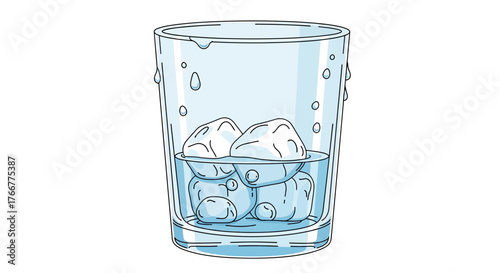 Clear glass with water and ice cubes, showing condensation on the exterior